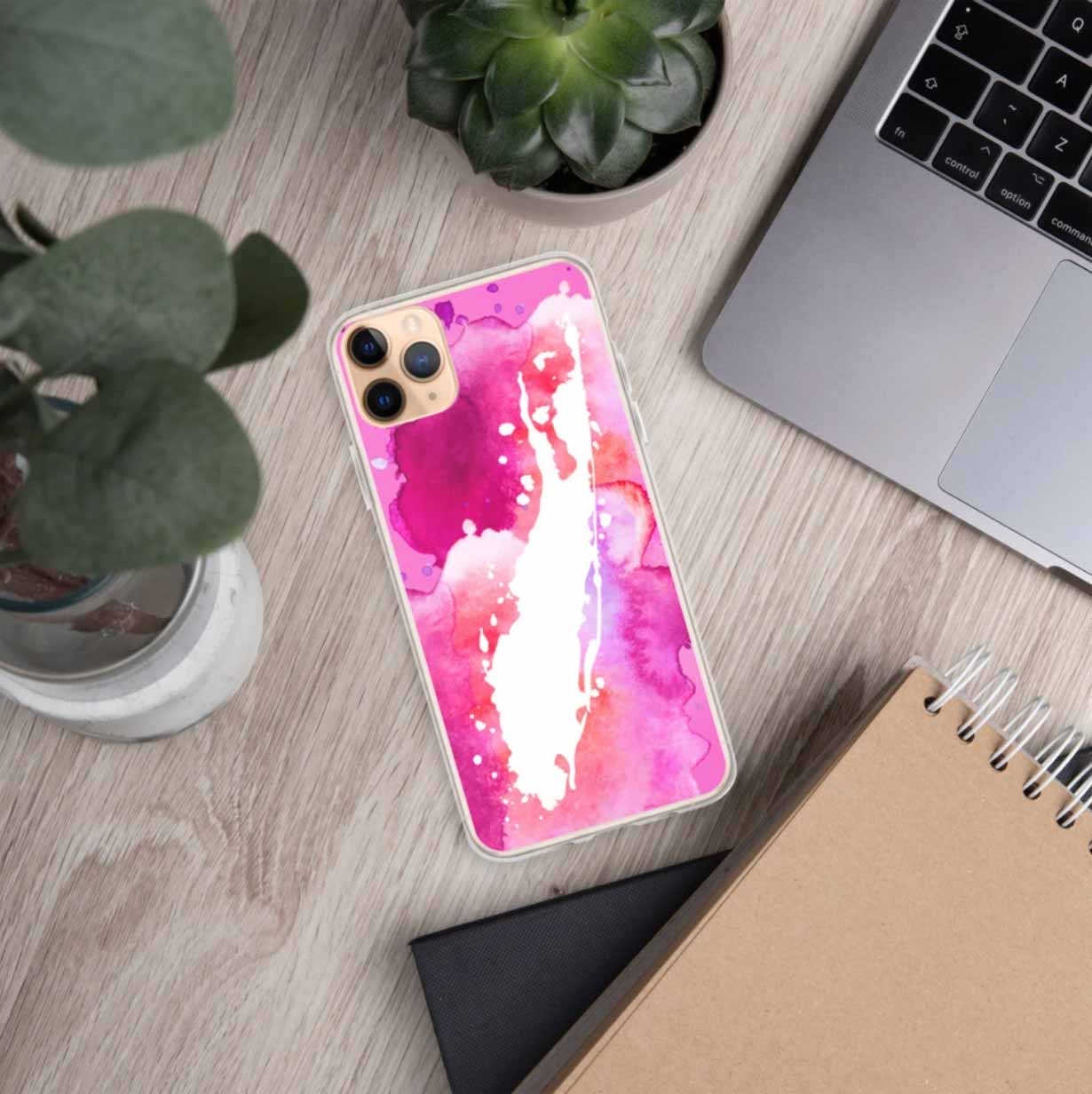Pink watercolor Long Island iPhone phone case on wooden desktop with office accessories and MacBook laptop