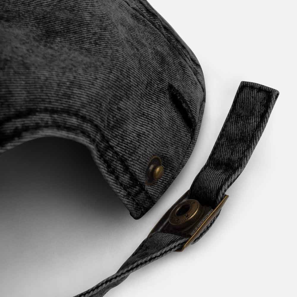 Back brass buckle snap detail of distressed navy LINY anchor Long Island vintage cotton baseball cap hat