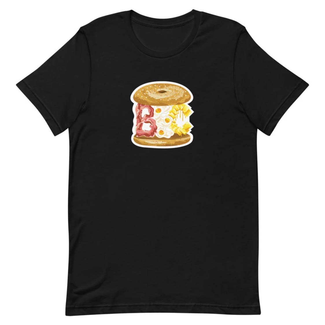 Black BEC bacon egg and cheese cartoon illustration men's women's unisex short sleeve t-shirt