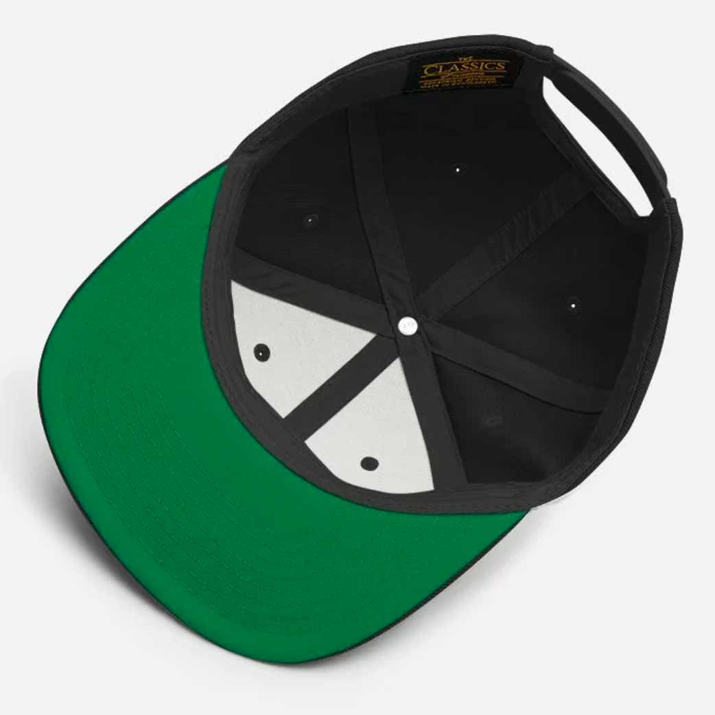 Green under visor detail of black LINY anchor Long Island New York snapback hat cap