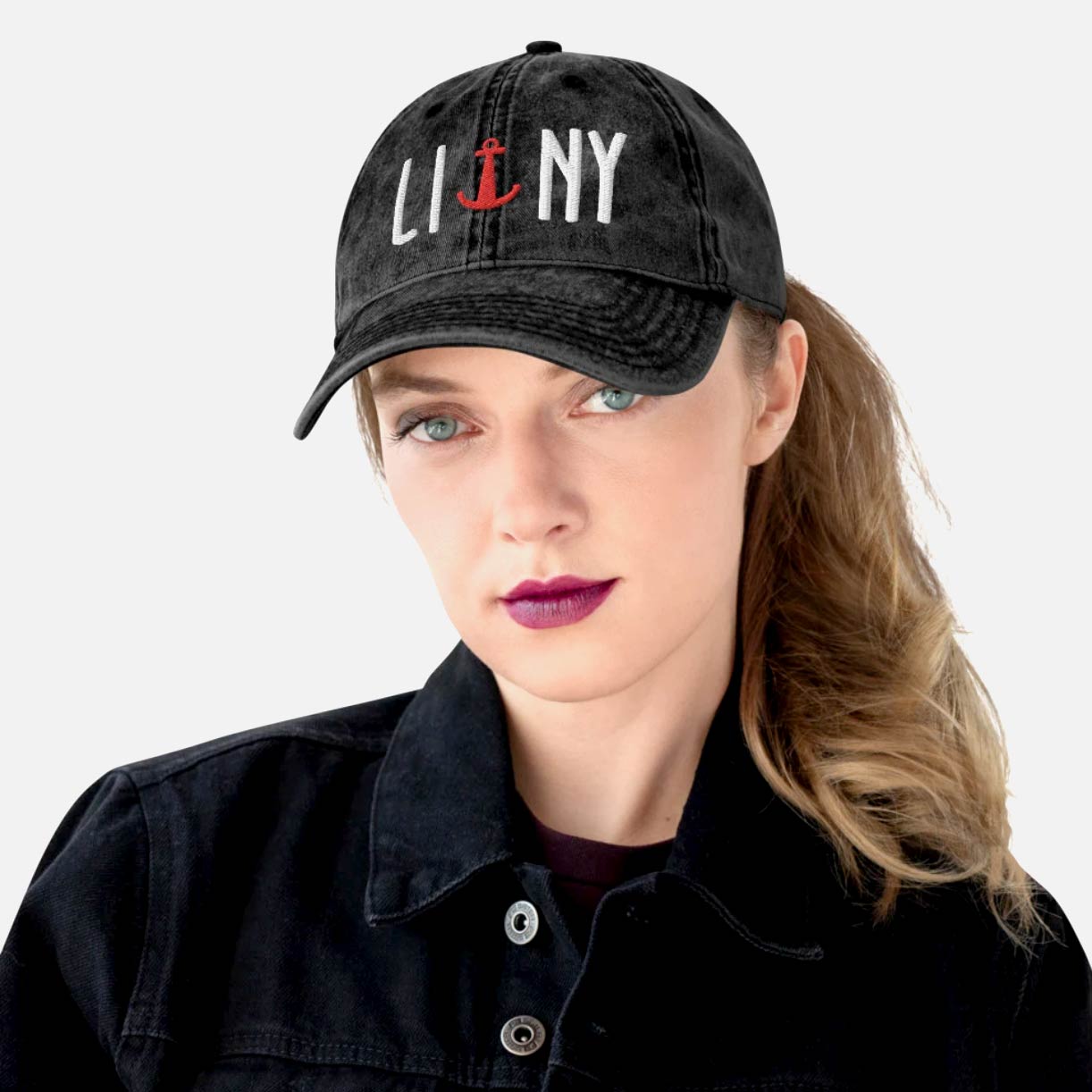 Beautiful woman wearing distressed black LINY anchor Long Island vintage cotton baseball cap hat