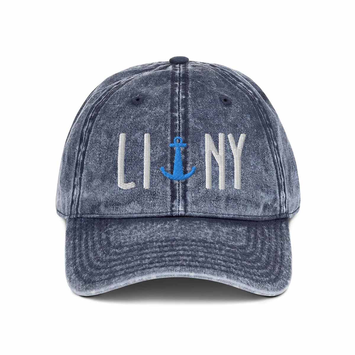 Distressed navy LINY anchor Long Island New York vintage cotton twill baseball cap hat