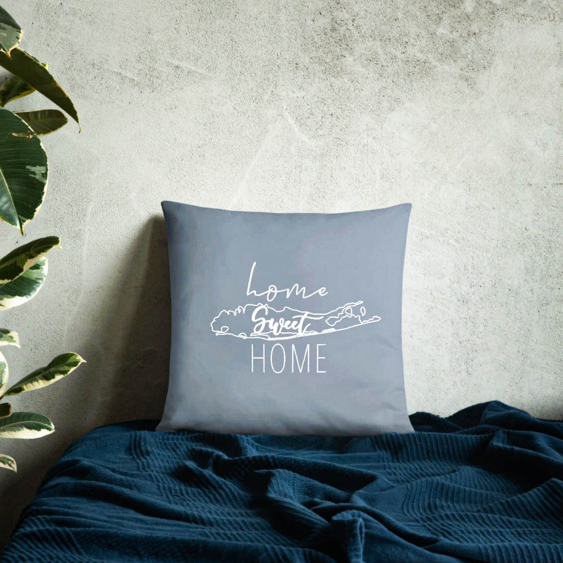 Home Sweet Home Long Island pillow on bed great for minimalistic home decor