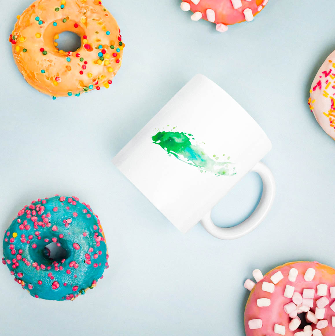 Green watercolor seas the day Long Island coffee tea mug with colorful donuts