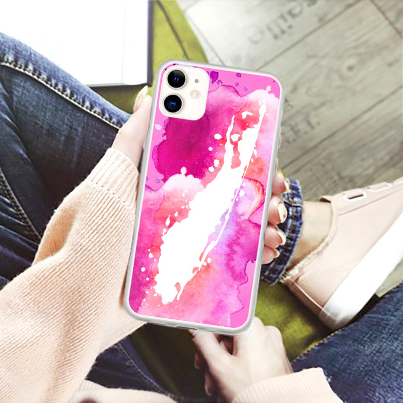 Woman holding pink watercolor Long Island iPhone phone case