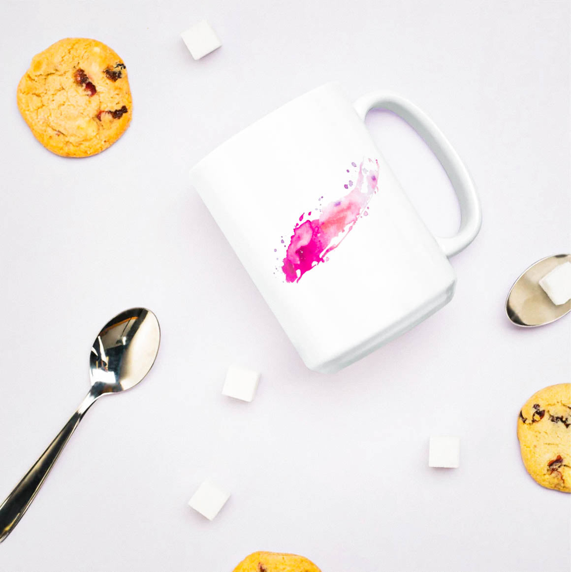 Pink watercolor seas the day Long Island coffee tea mug with cookies and silver spoon