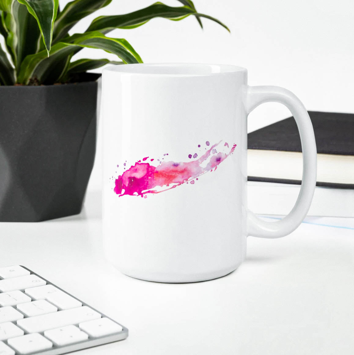 Pink watercolor seas the day Long Island coffee tea mug on white desktop with office accessories