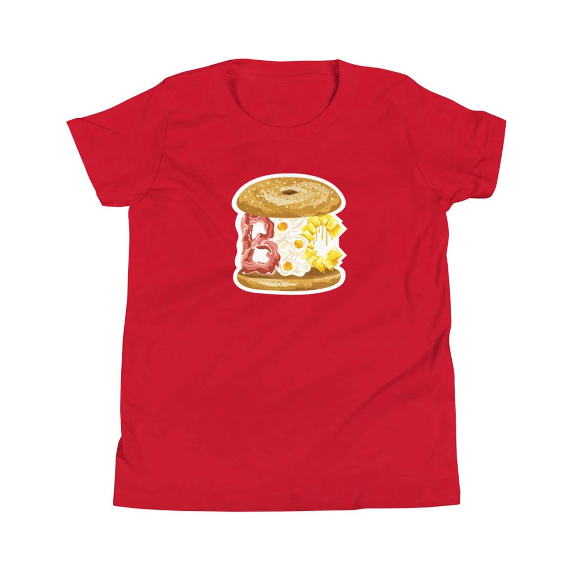 Red BEC bacon egg and cheese cartoon illustration kid's youth short sleeve t-shirt