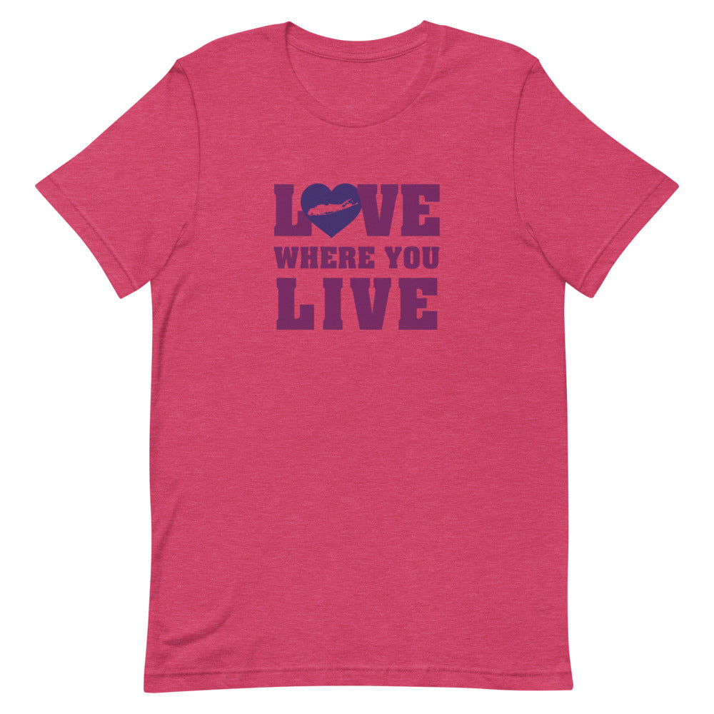 Berry pink love where you live Long Island men's women's unisex short sleeve t-shirt