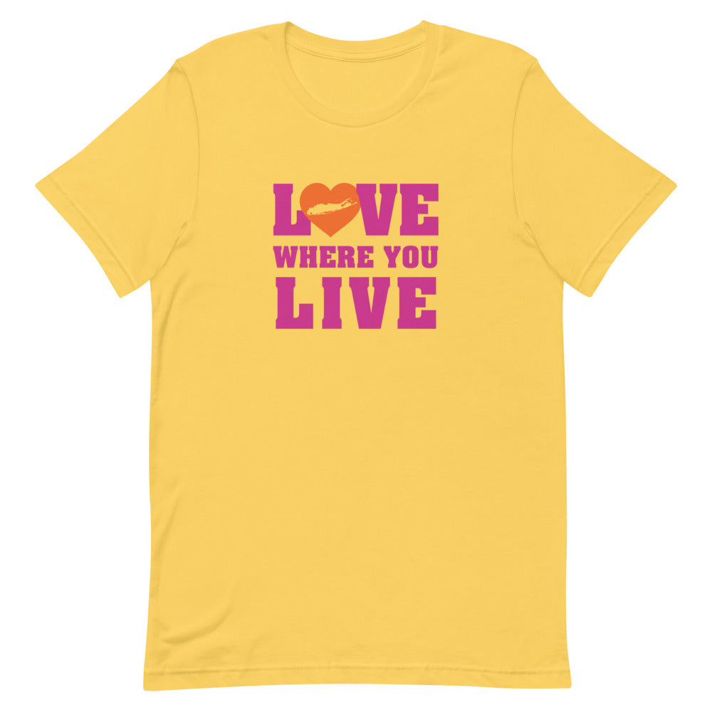 Yellow love where you live Long Island men's women's unisex short sleeve t-shirt