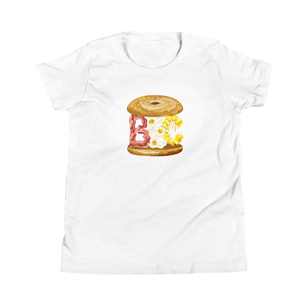 White BEC bacon egg and cheese cartoon illustration kid's youth short sleeve t-shirt