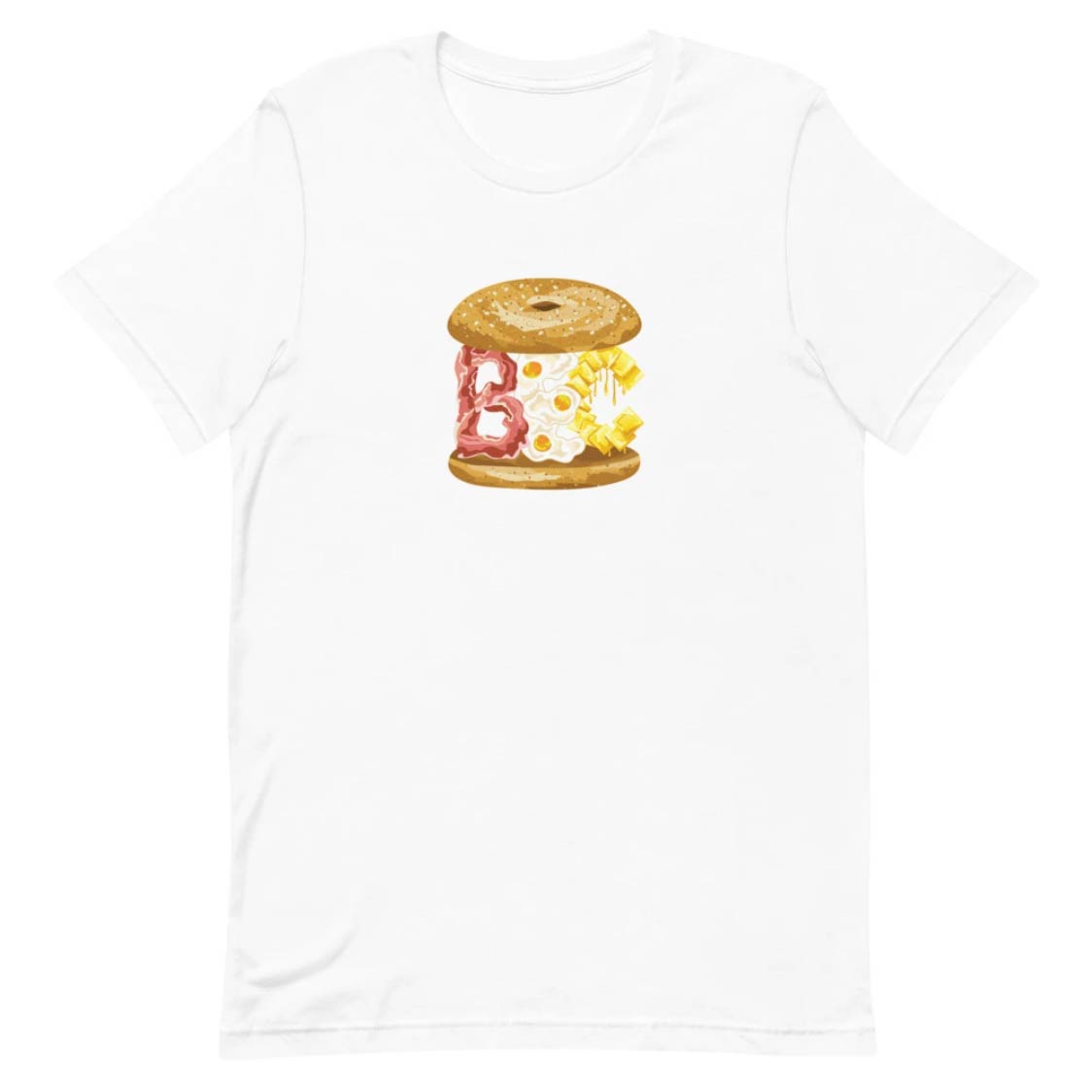 White BEC bacon egg and cheese cartoon illustration men's women's unisex short sleeve t-shirt